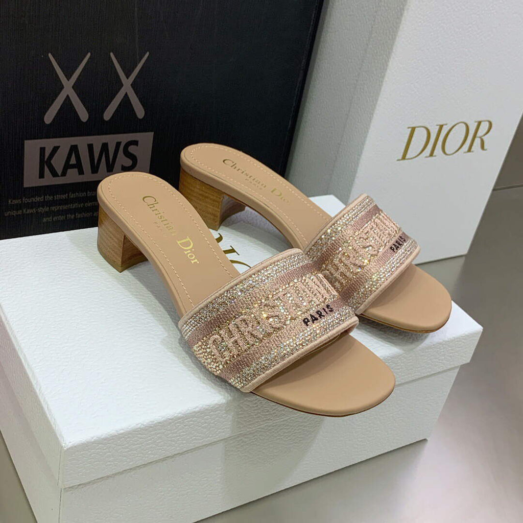 Dior Women's Shoes Dway Heeled Slide Metallic Thread Strass KCQ244LCS Pink