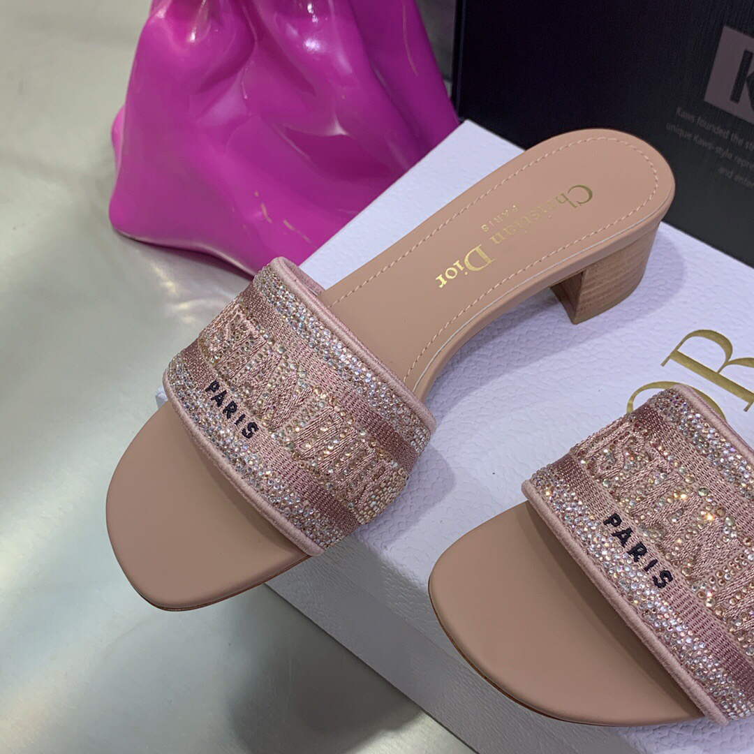 Dior Women's Shoes Dway Heeled Slide Metallic Thread Strass KCQ244LCS Pink - 35 - View 4