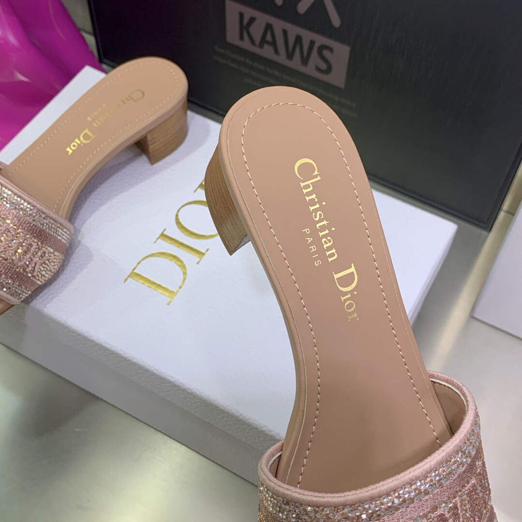 Dior Women's Shoes Dway Heeled Slide Metallic Thread Strass KCQ244LCS Pink
