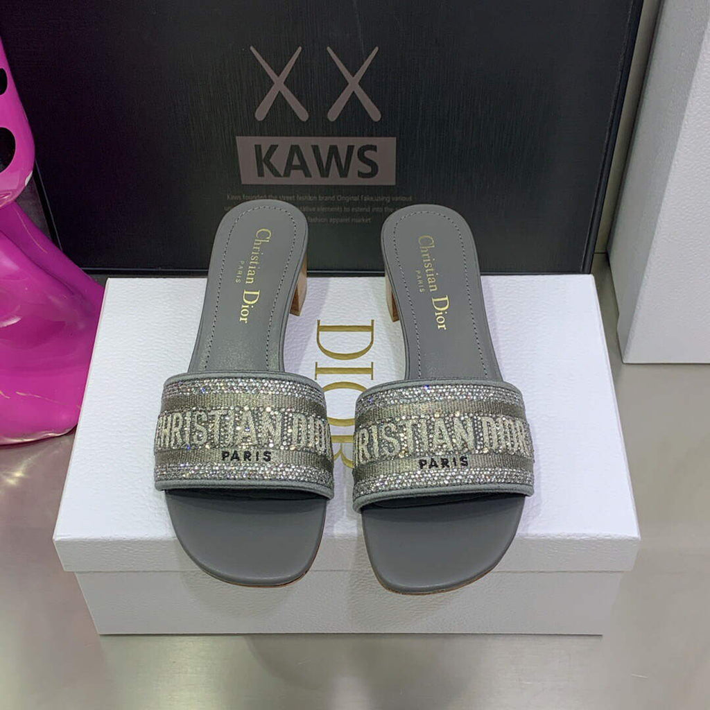 Dior Women's Shoes Dway Heeled Slide Metallic Thread Strass KCQ244LCS Gray