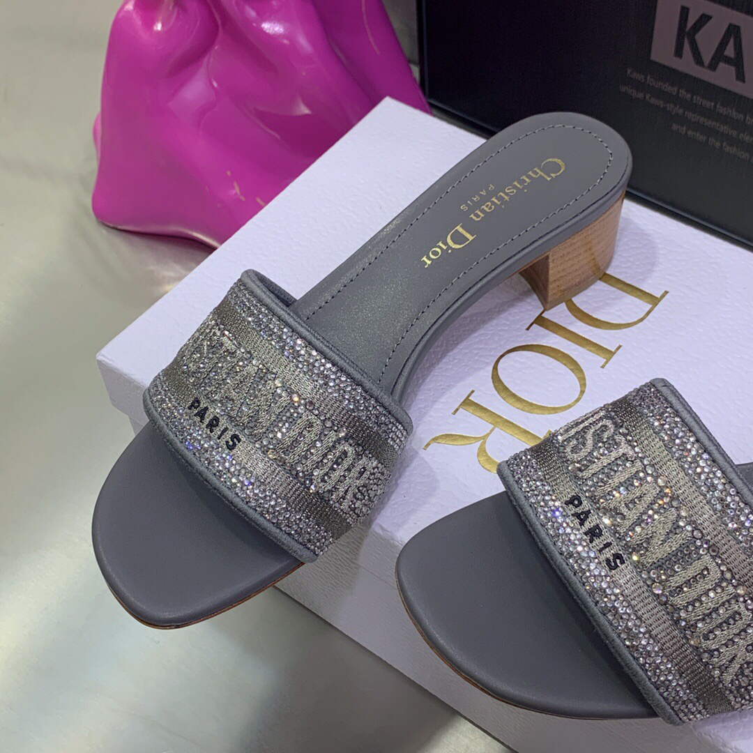Dior Women's Shoes Dway Heeled Slide Metallic Thread Strass KCQ244LCS Gray