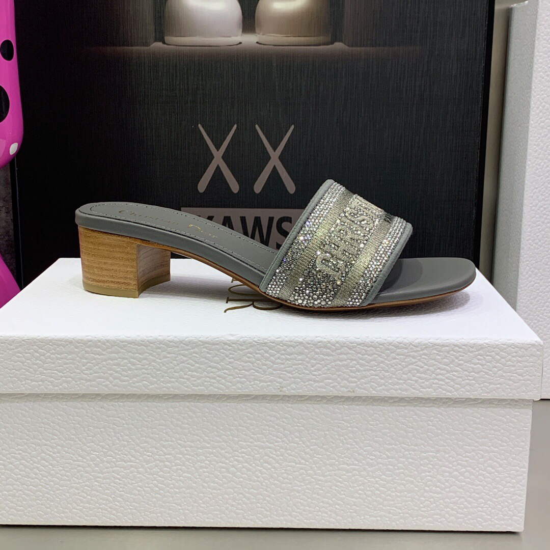 Dior Women's Shoes Dway Heeled Slide Metallic Thread Strass KCQ244LCS Gray