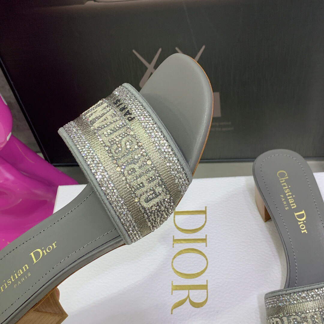 Dior Women's Shoes Dway Heeled Slide Metallic Thread Strass KCQ244LCS Gray