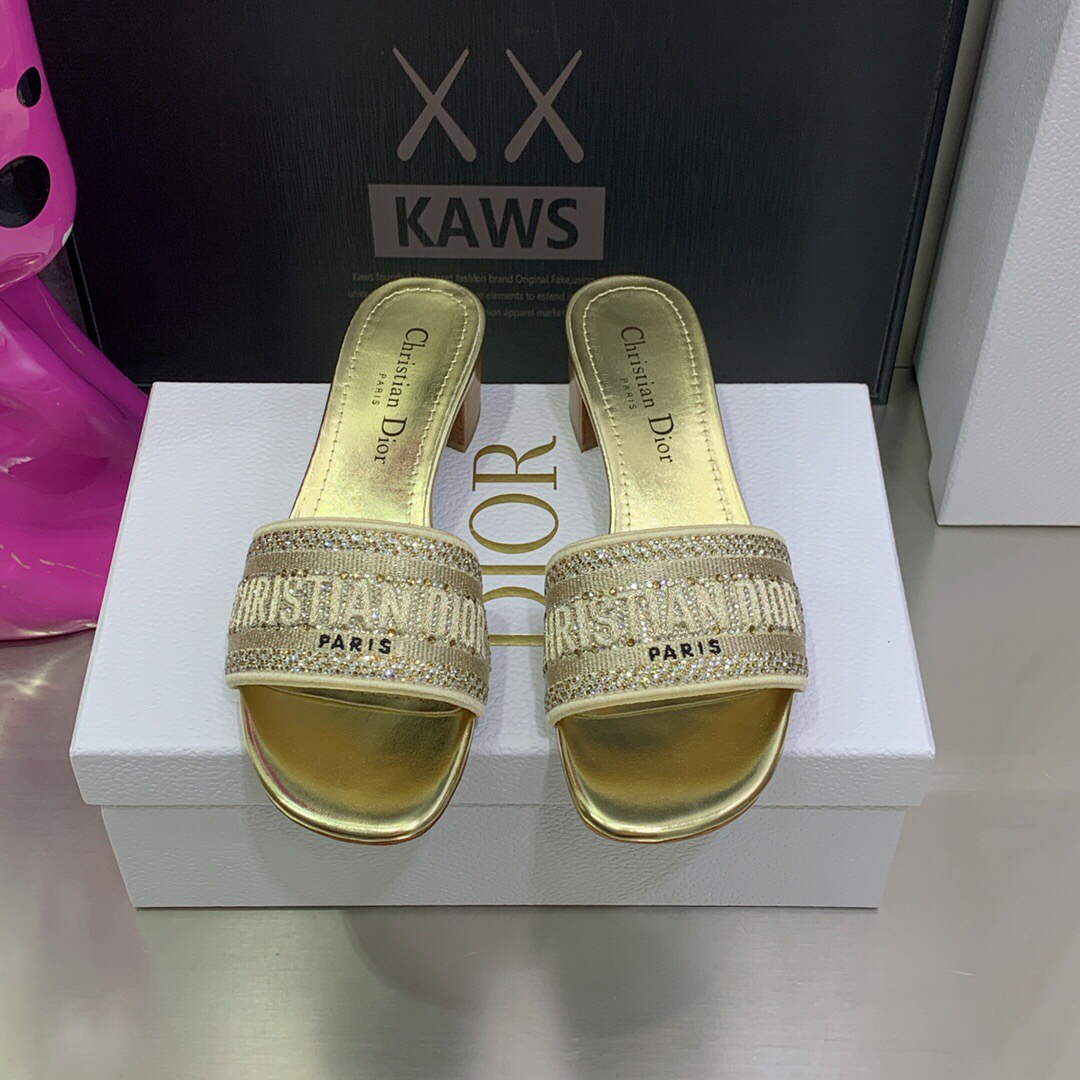 Dior Women's Shoes Dway Heeled Slide Metallic Thread Strass KCQ244LCS Gold