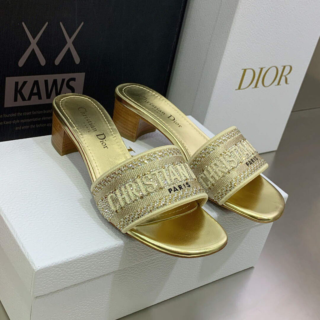 Dior Women's Shoes Dway Heeled Slide Metallic Thread Strass KCQ244LCS Gold