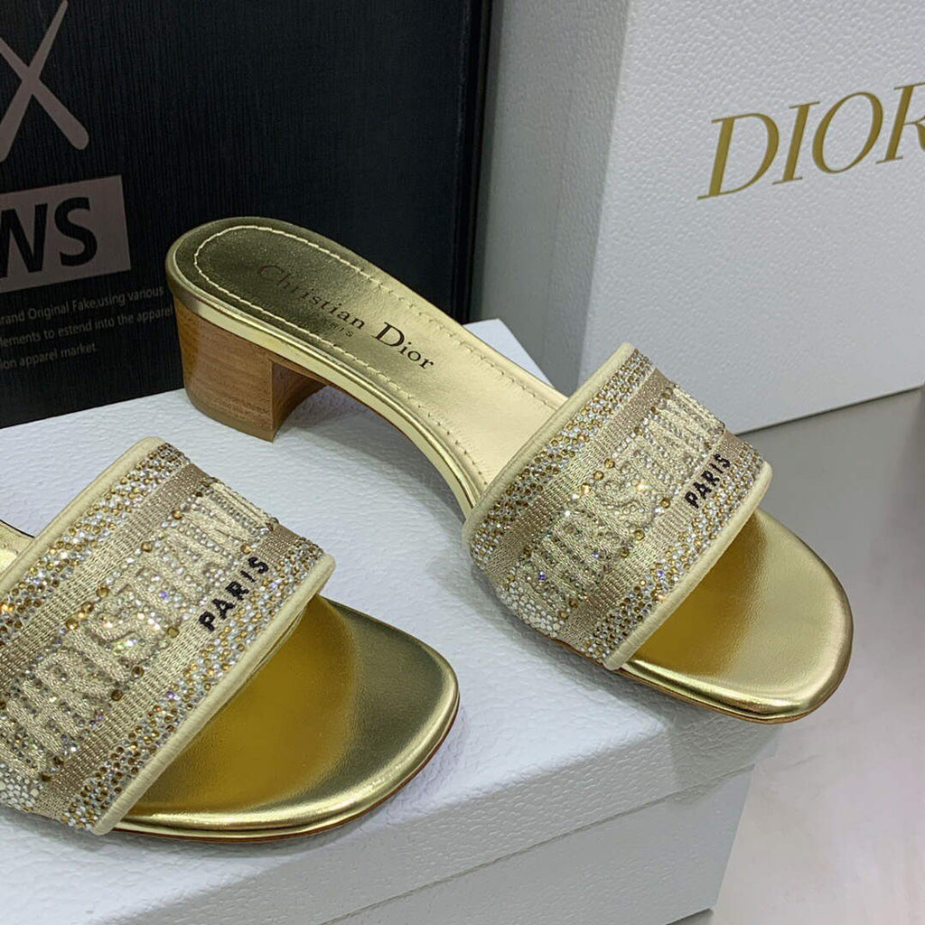 Dior Women's Shoes Dway Heeled Slide Metallic Thread Strass KCQ244LCS Gold
