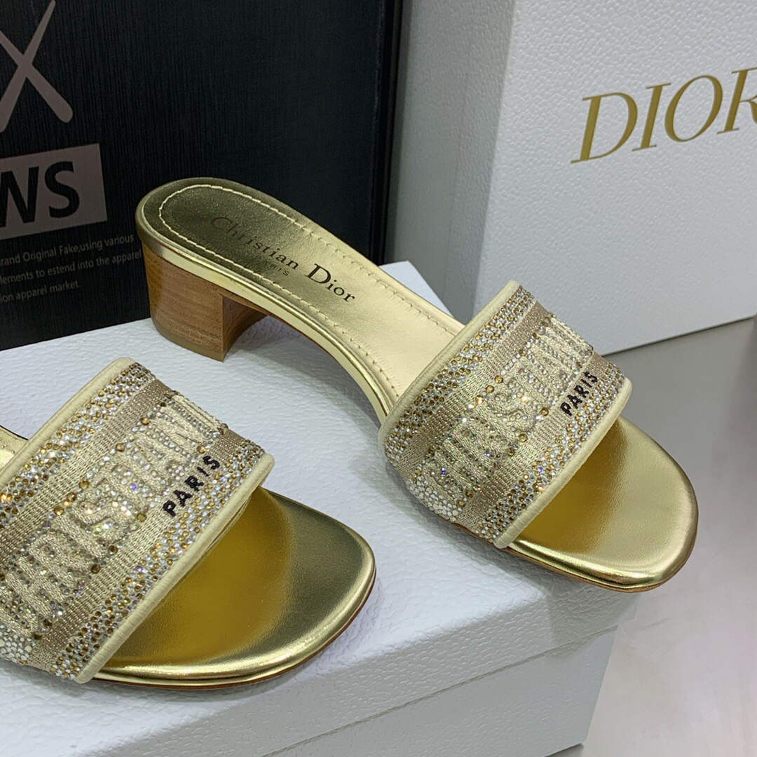 Dior Women's Shoes Dway Heeled Slide Metallic Thread Strass KCQ244LCS Gold