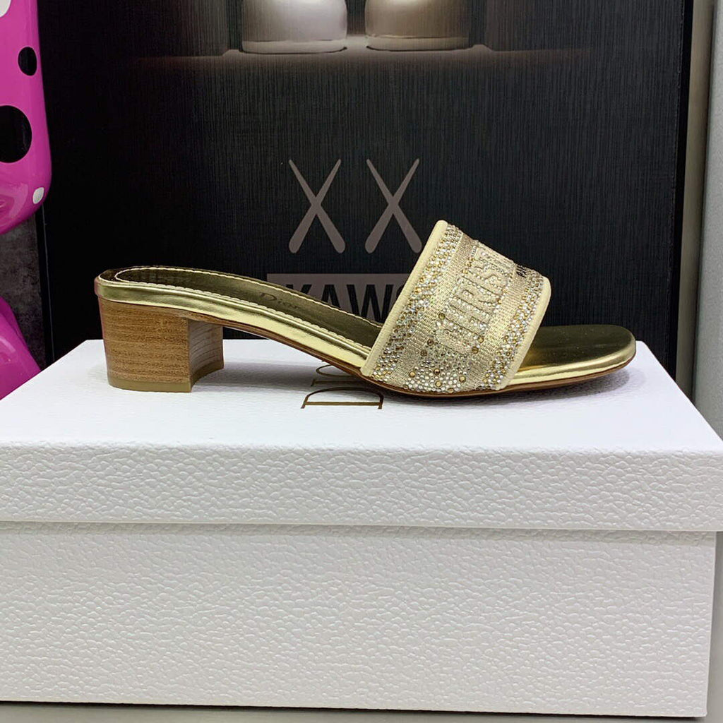 Dior Women's Shoes Dway Heeled Slide Metallic Thread Strass KCQ244LCS Gold