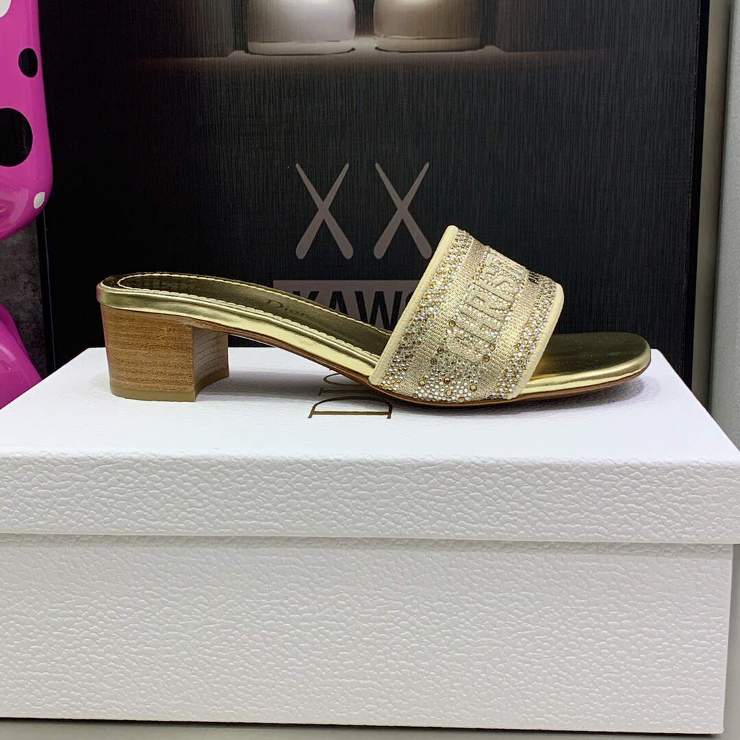 Dior Women's Shoes Dway Heeled Slide Metallic Thread Strass KCQ244LCS Gold
