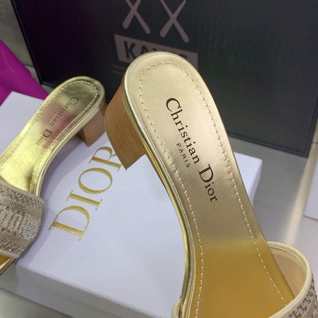 Dior Women's Shoes Dway Heeled Slide Metallic Thread Strass KCQ244LCS Gold