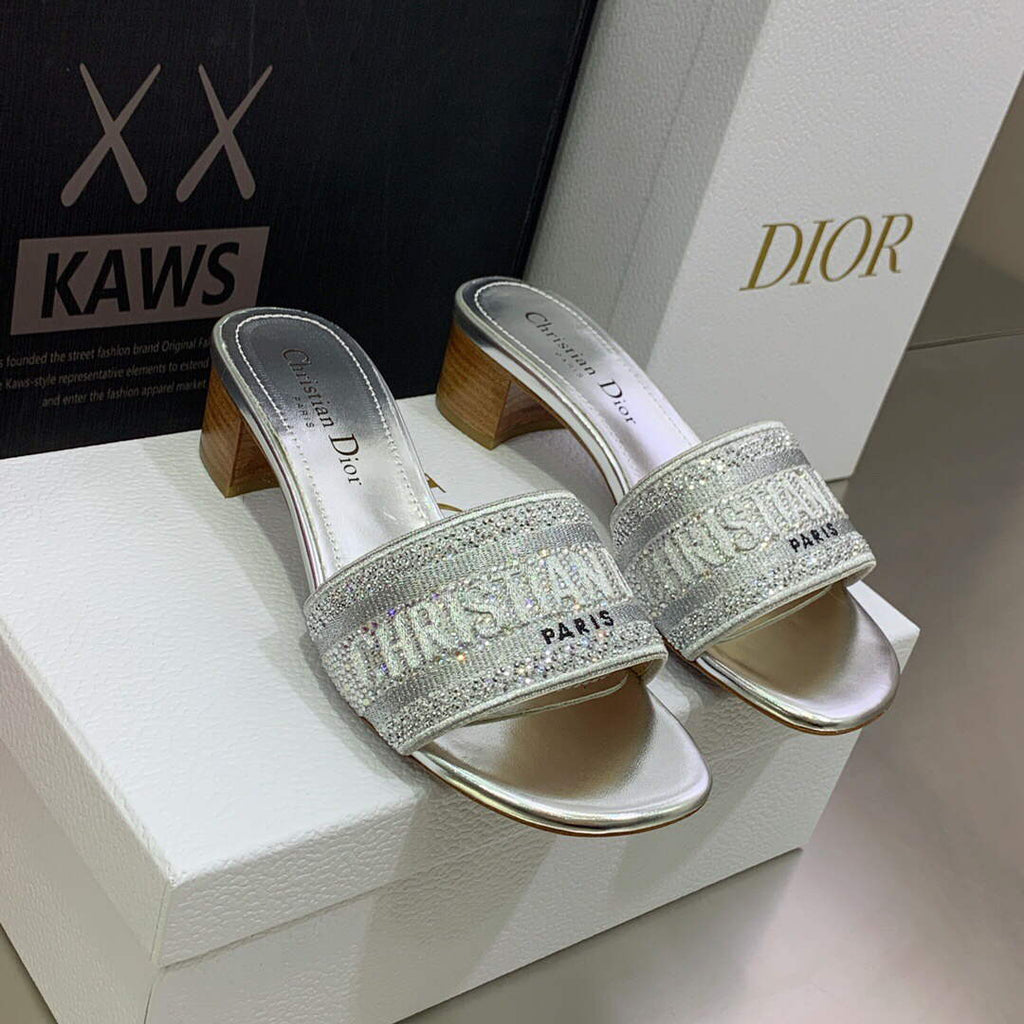 Dior Women's Shoes Dway Heeled Slide Metallic Thread Strass KCQ244LCS Silver