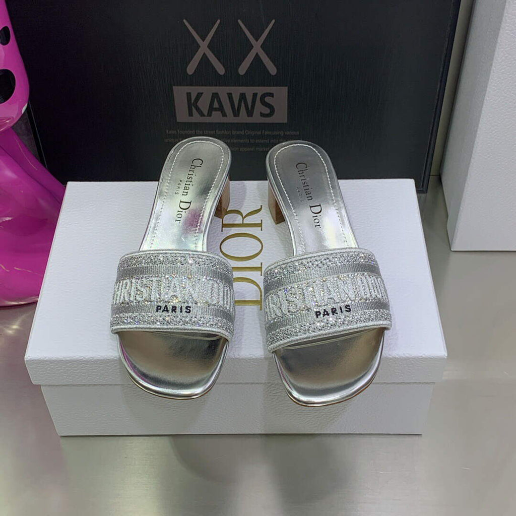 Dior Women's Shoes Dway Heeled Slide Metallic Thread Strass KCQ244LCS Silver