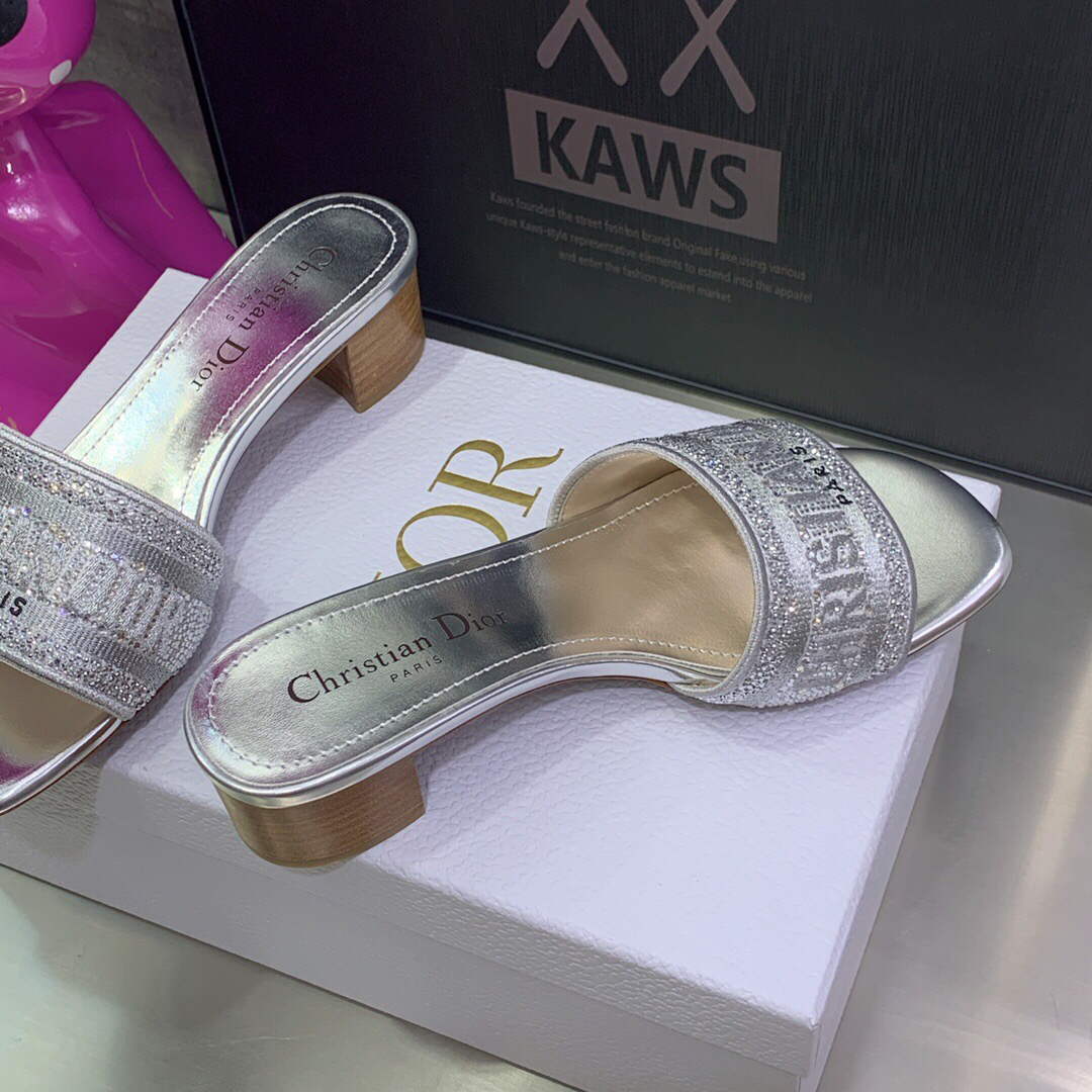 Dior Women's Shoes Dway Heeled Slide Metallic Thread Strass KCQ244LCS Silver