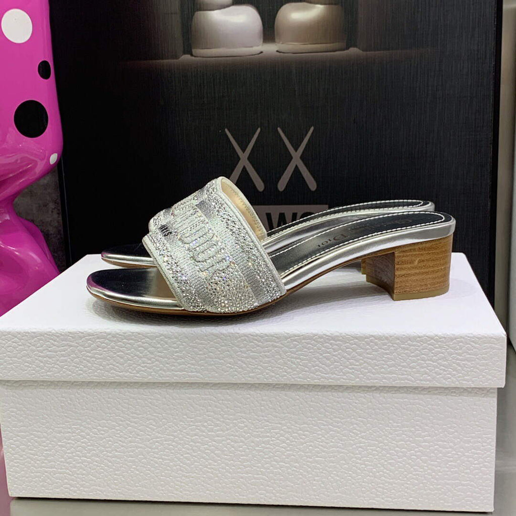 Dior Women's Shoes Dway Heeled Slide Metallic Thread Strass KCQ244LCS Silver