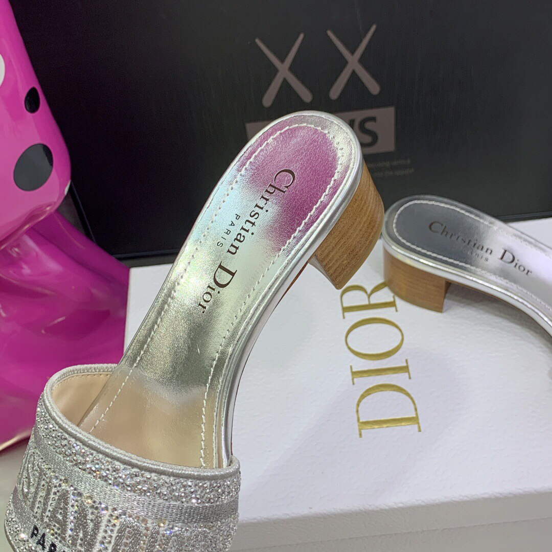 Dior Women's Shoes Dway Heeled Slide Metallic Thread Strass KCQ244LCS Silver