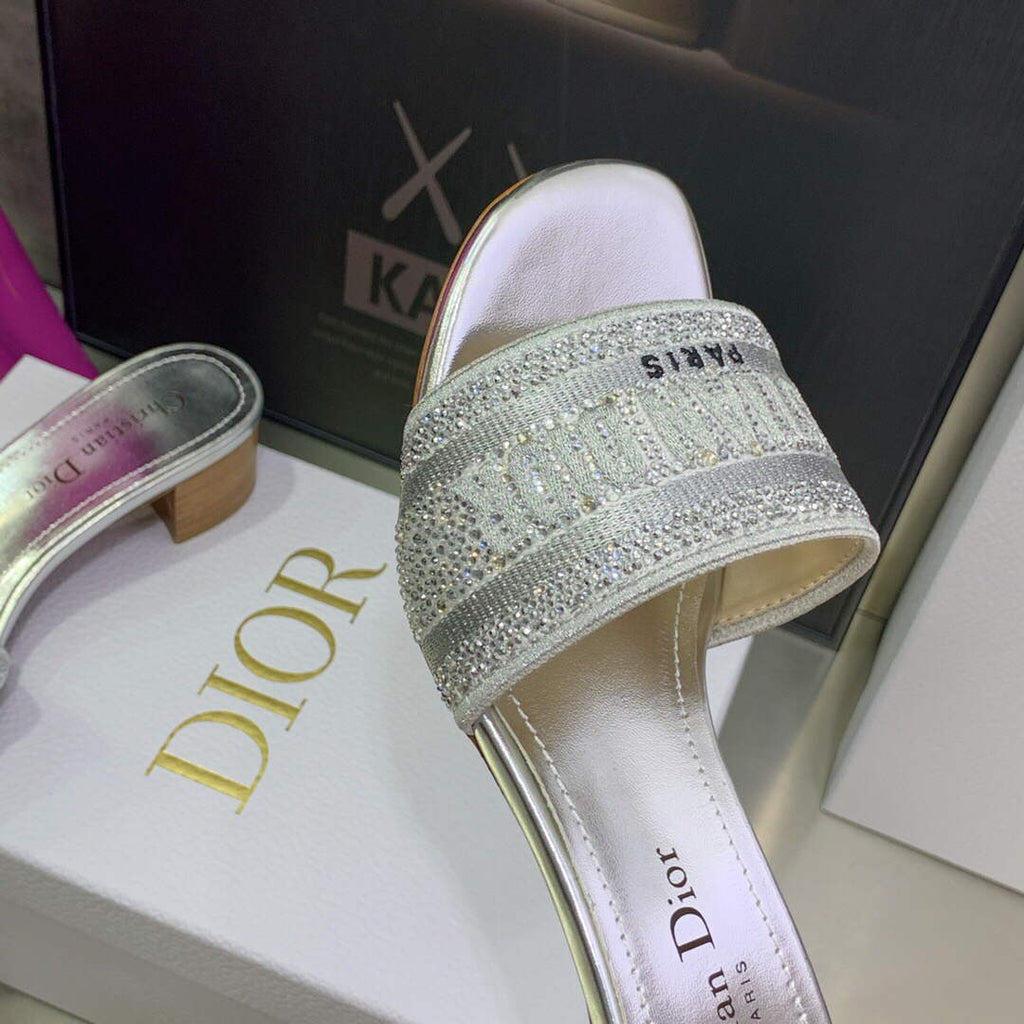 Dior Women's Shoes Dway Heeled Slide Metallic Thread Strass KCQ244LCS Silver