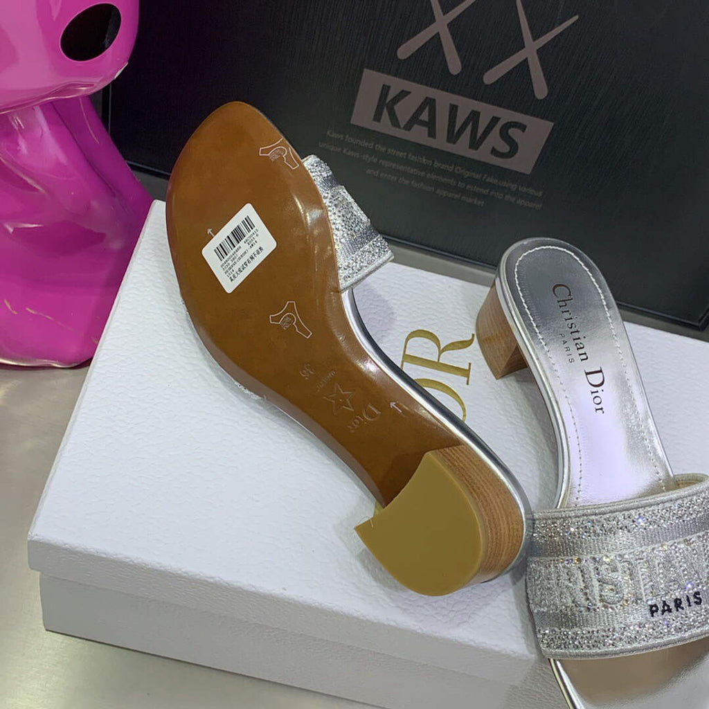 Dior Women's Shoes Dway Heeled Slide Metallic Thread Strass KCQ244LCS Silver