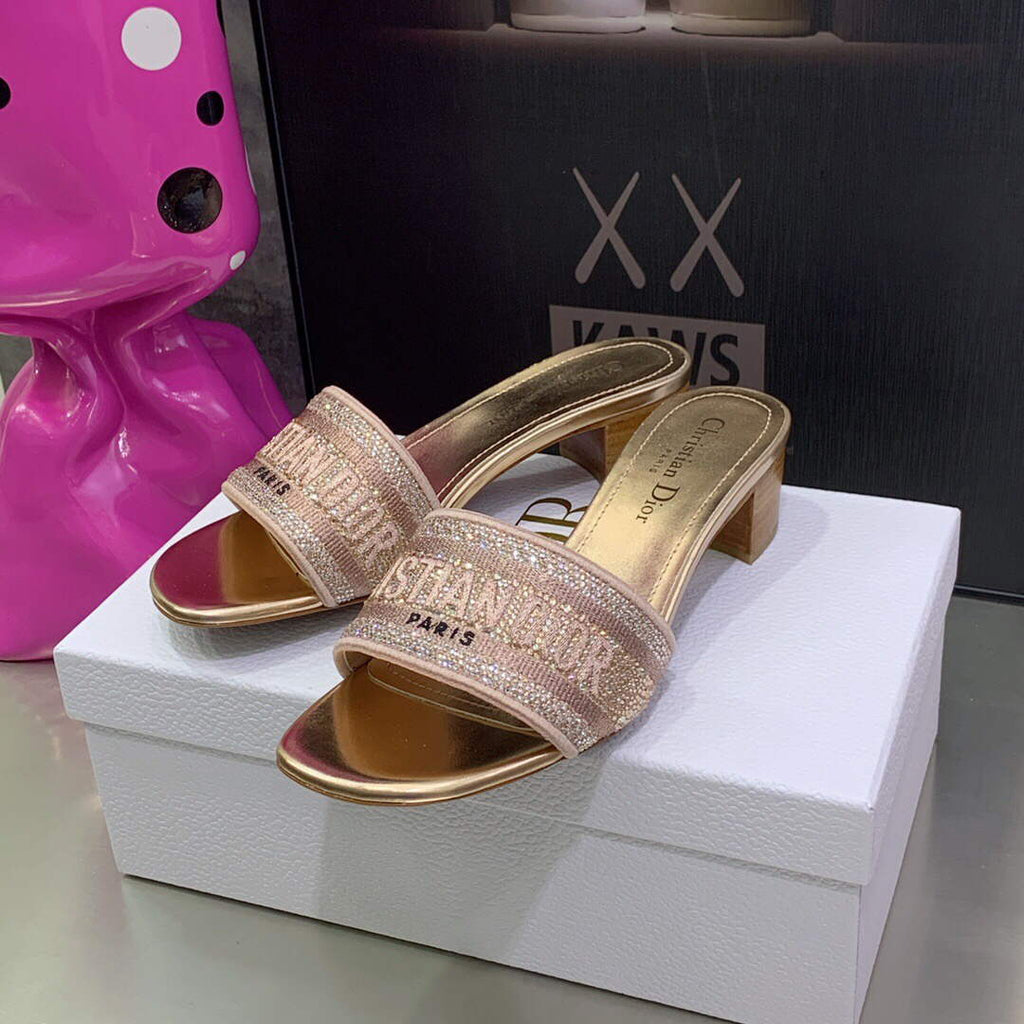 Dior Women's Shoes Dway Heeled Slide Metallic Thread Strass KCQ244LCS naked powder