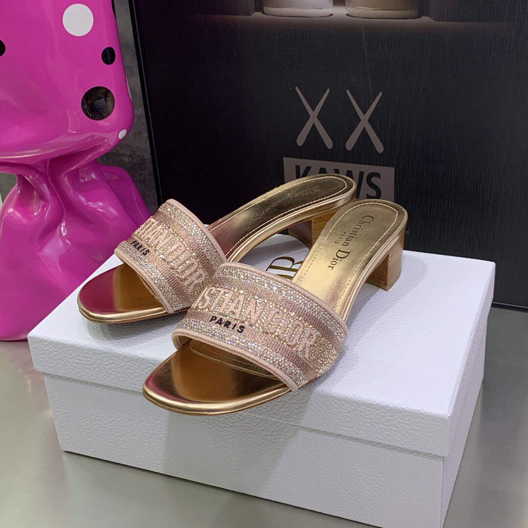 Dior Women's Shoes Dway Heeled Slide Metallic Thread Strass KCQ244LCS naked powder