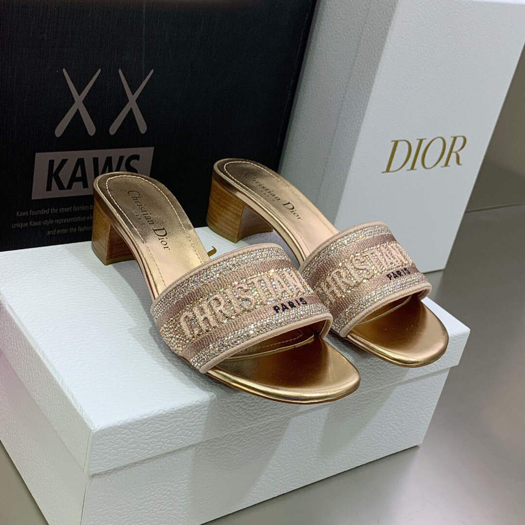Dior Women's Shoes Dway Heeled Slide Metallic Thread Strass KCQ244LCS naked powder
