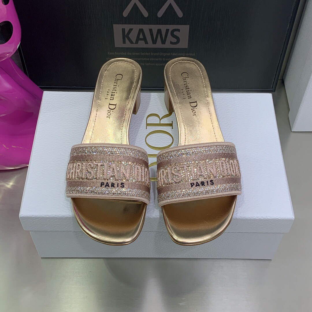 Dior Women's Shoes Dway Heeled Slide Metallic Thread Strass KCQ244LCS naked powder - 35 - View 3