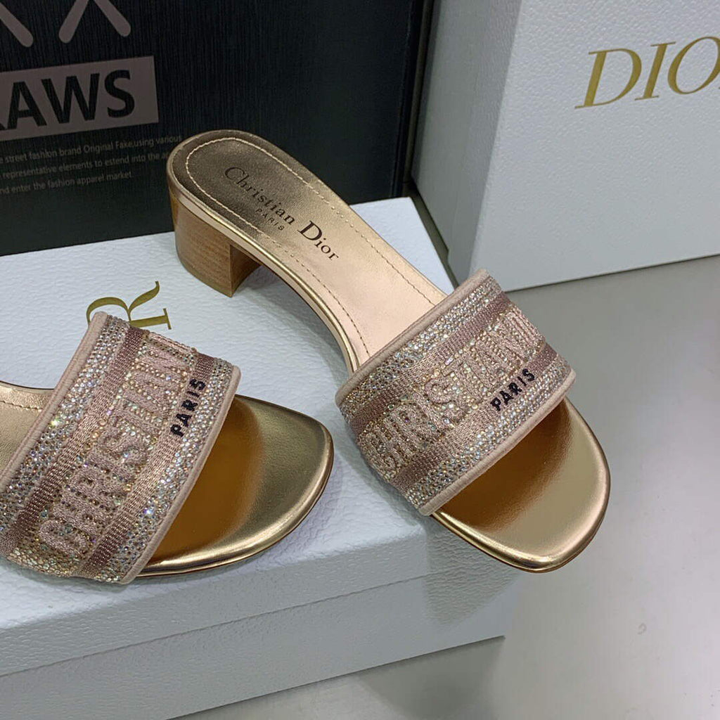 Dior Women's Shoes Dway Heeled Slide Metallic Thread Strass KCQ244LCS naked powder