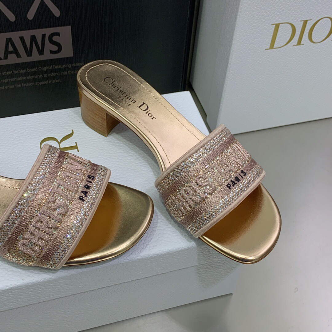 Dior Women's Shoes Dway Heeled Slide Metallic Thread Strass KCQ244LCS naked powder