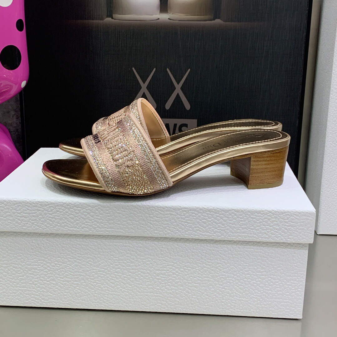 Dior Women's Shoes Dway Heeled Slide Metallic Thread Strass KCQ244LCS naked powder