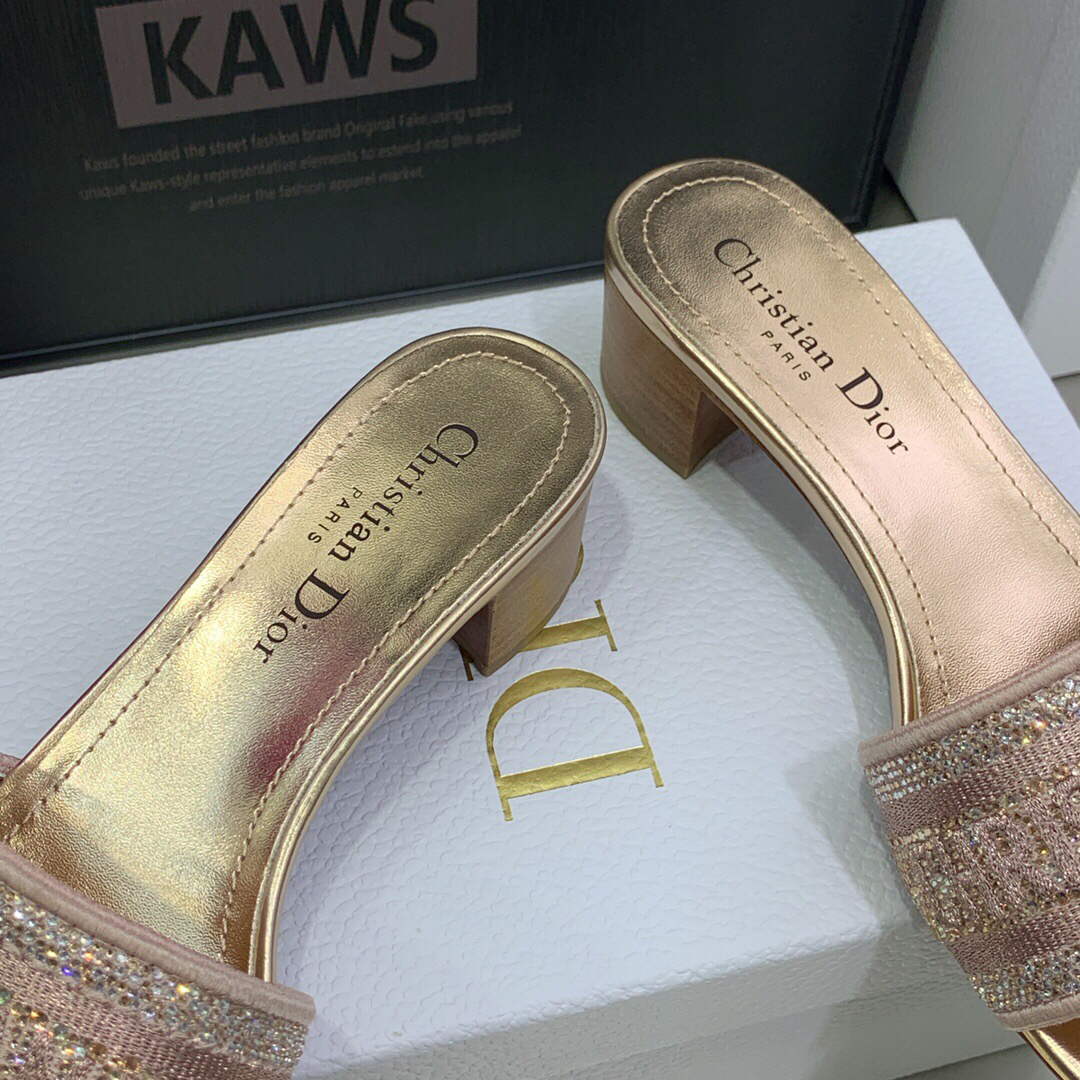 Dior Women's Shoes Dway Heeled Slide Metallic Thread Strass KCQ244LCS naked powder