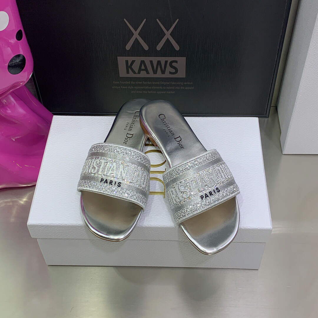 Dior Women's Shoes Dway Slide Diamond Embroidered KCQ166ERC Silver - 35 - View 1