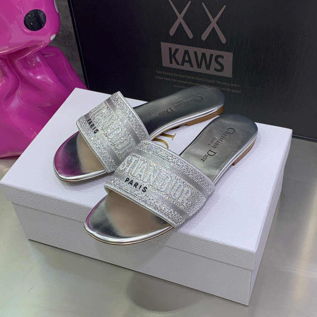 Dior Women's Shoes Dway Slide Diamond Embroidered KCQ166ERC Silver
