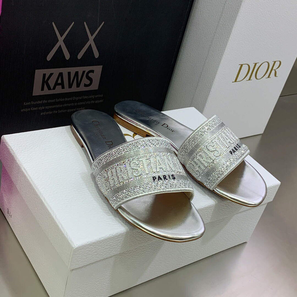 Dior Women's Shoes Dway Slide Diamond Embroidered KCQ166ERC Silver
