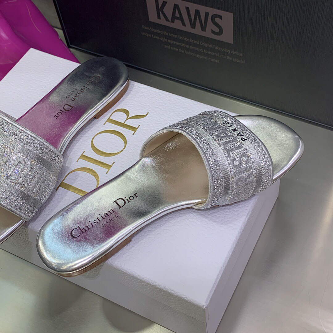 Dior Women's Shoes Dway Slide Diamond Embroidered KCQ166ERC Silver