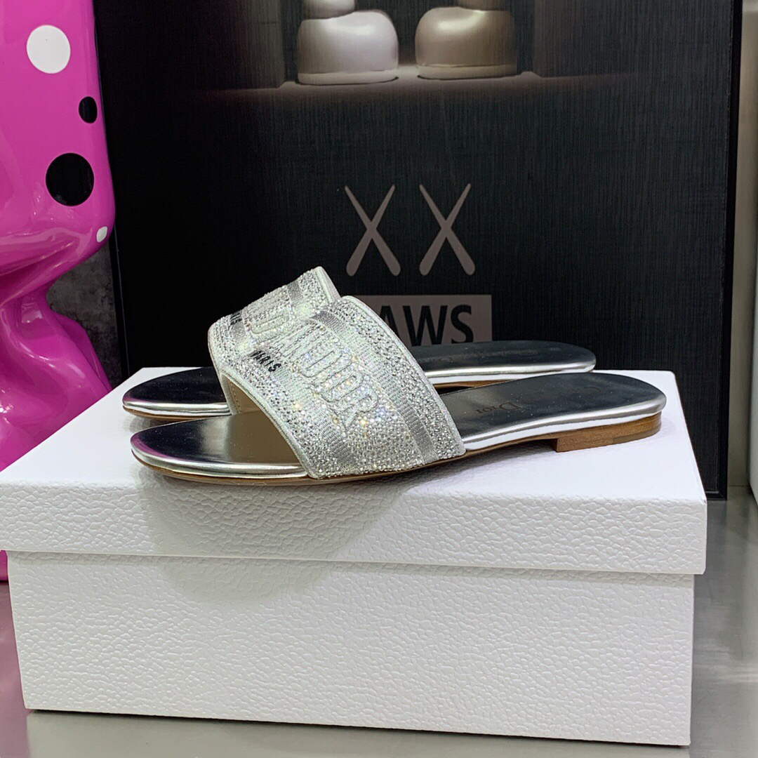 Dior Women's Shoes Dway Slide Diamond Embroidered KCQ166ERC Silver