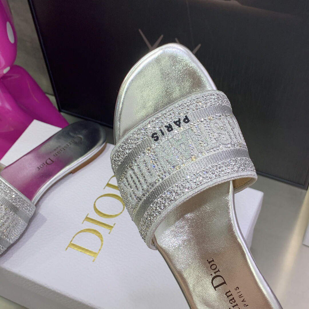 Dior Women's Shoes Dway Slide Diamond Embroidered KCQ166ERC Silver