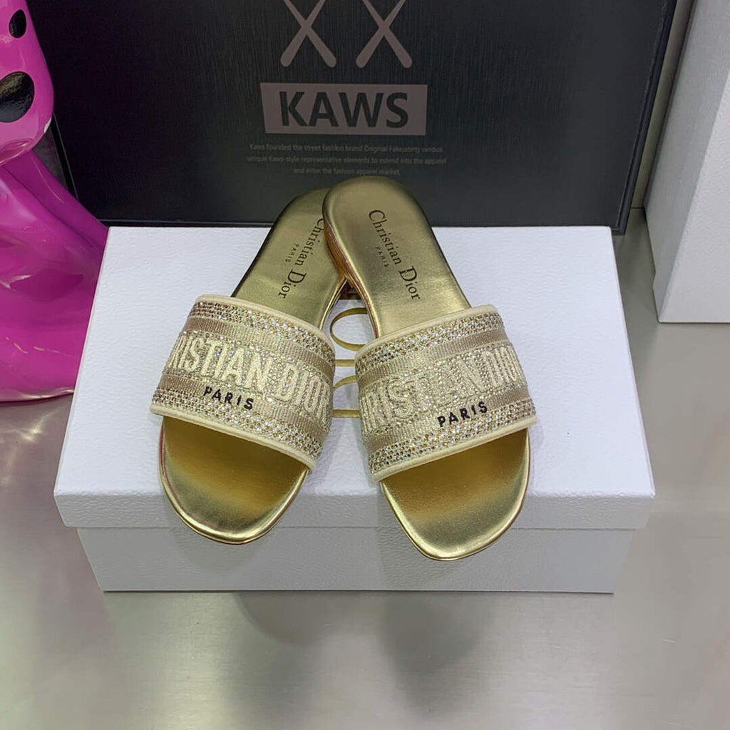 Dior Women's Shoes Dway Slide Diamond Embroidered KCQ166ERC Gold