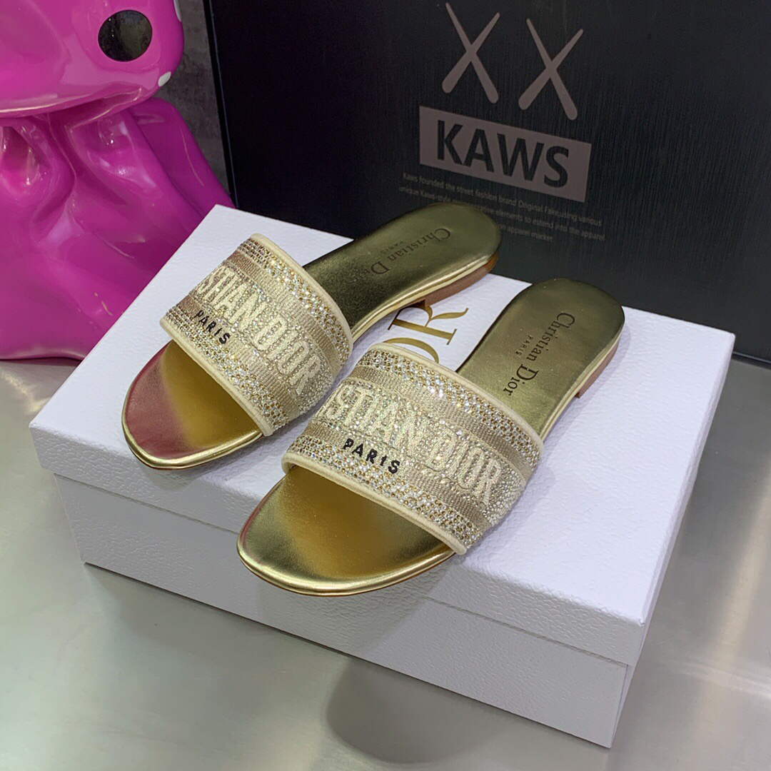 Dior Women's Shoes Dway Slide Diamond Embroidered KCQ166ERC Gold