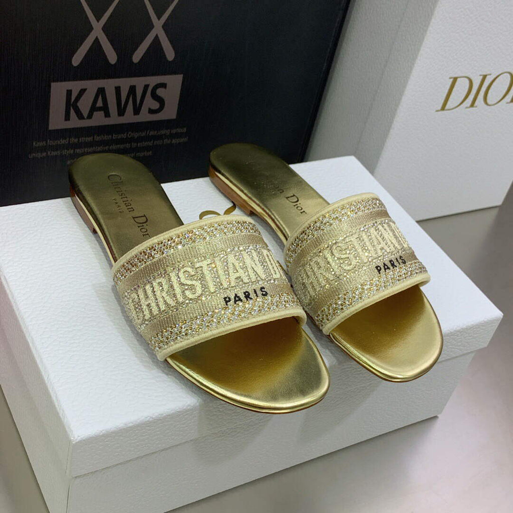 Dior Women's Shoes Dway Slide Diamond Embroidered KCQ166ERC Gold