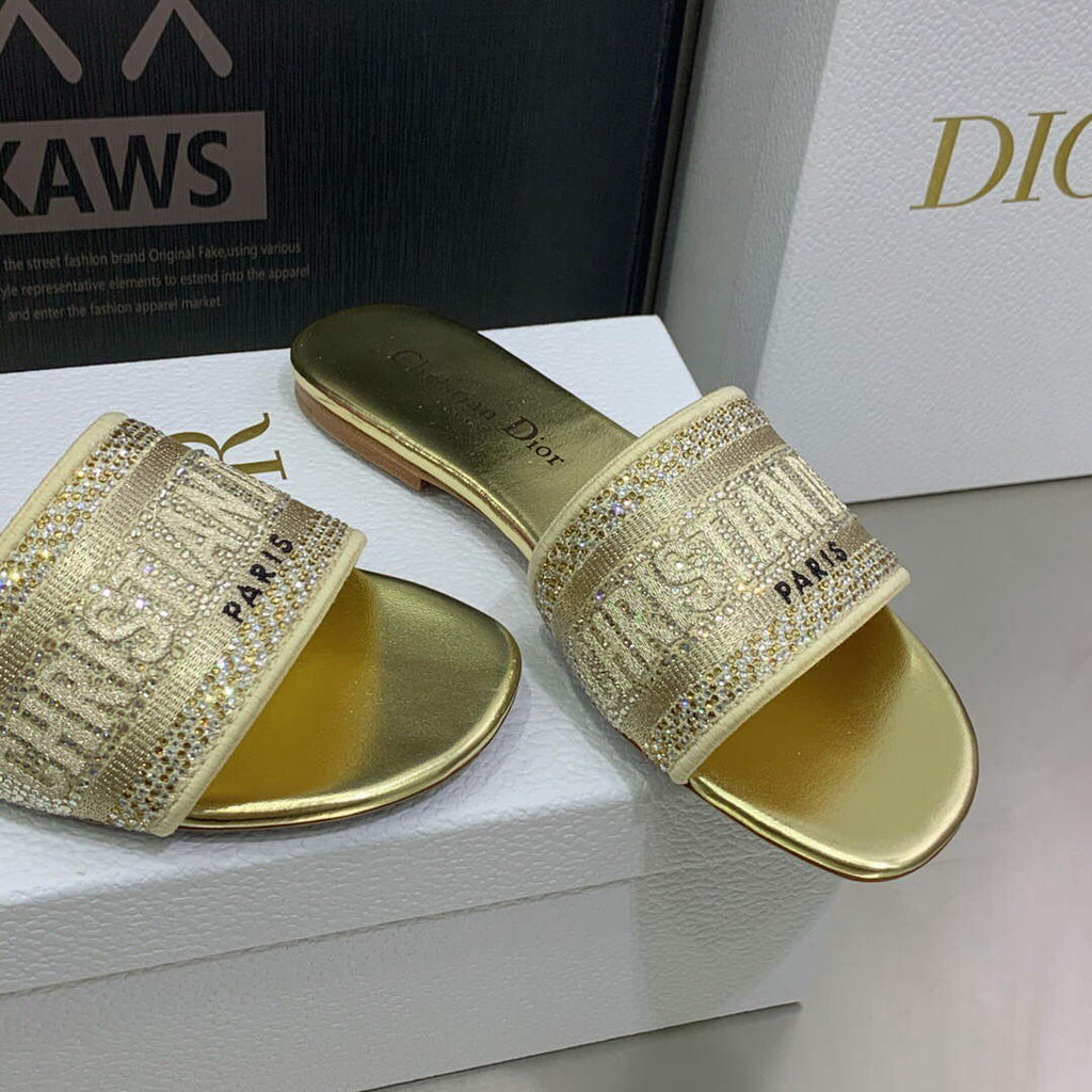 Dior Women's Shoes Dway Slide Diamond Embroidered KCQ166ERC Gold