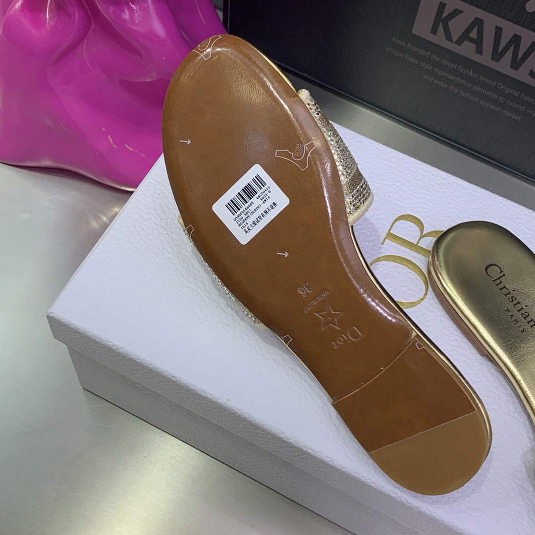 Dior Women's Shoes Dway Slide Diamond Embroidered KCQ166ERC Gold - 35 - View 9