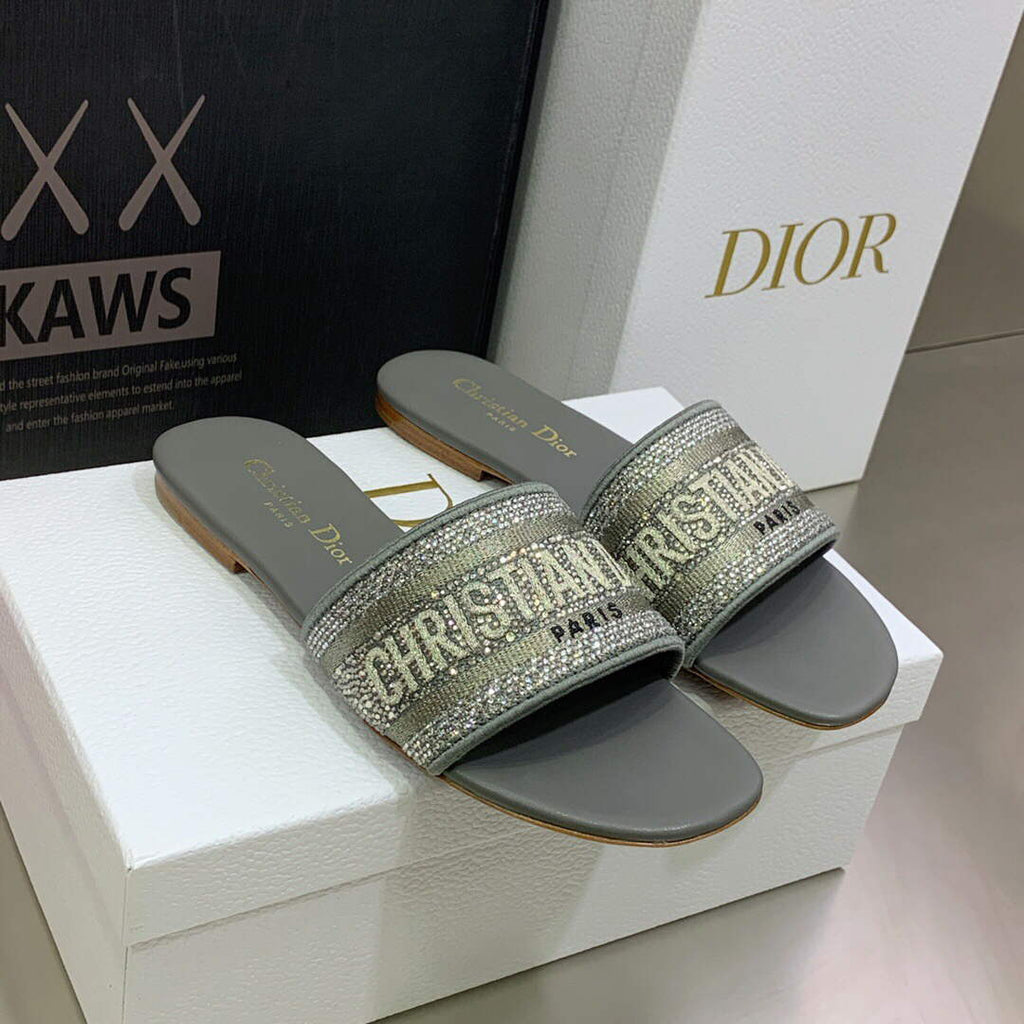 Dior Women's Shoes Dway Slide Diamond Embroidered KCQ166ERC Gray
