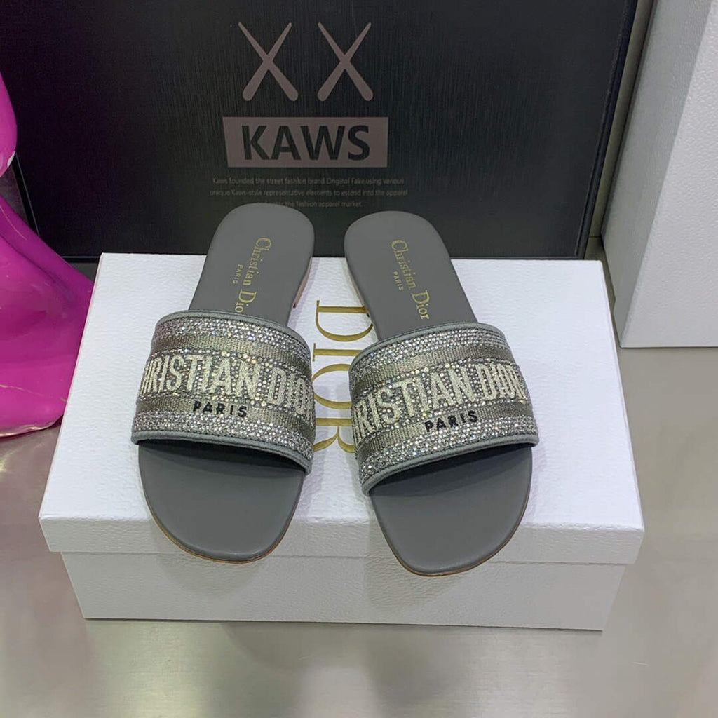 Dior Women's Shoes Dway Slide Diamond Embroidered KCQ166ERC Gray