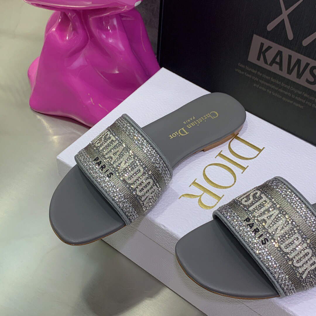 Dior Women's Shoes Dway Slide Diamond Embroidered KCQ166ERC Gray