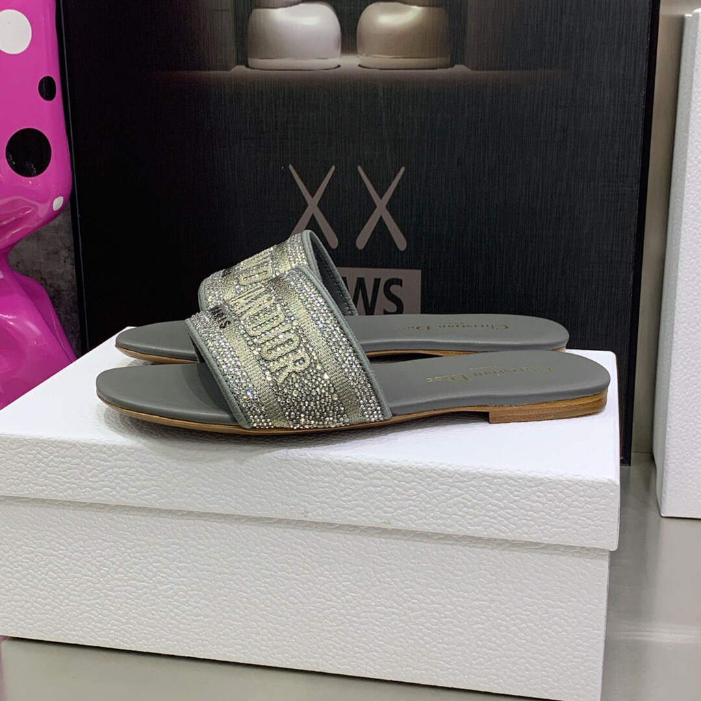 Dior Women's Shoes Dway Slide Diamond Embroidered KCQ166ERC Gray
