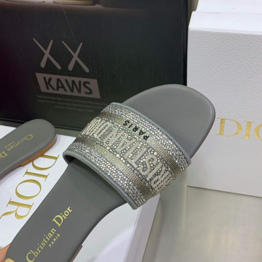 Dior Women's Shoes Dway Slide Diamond Embroidered KCQ166ERC Gray