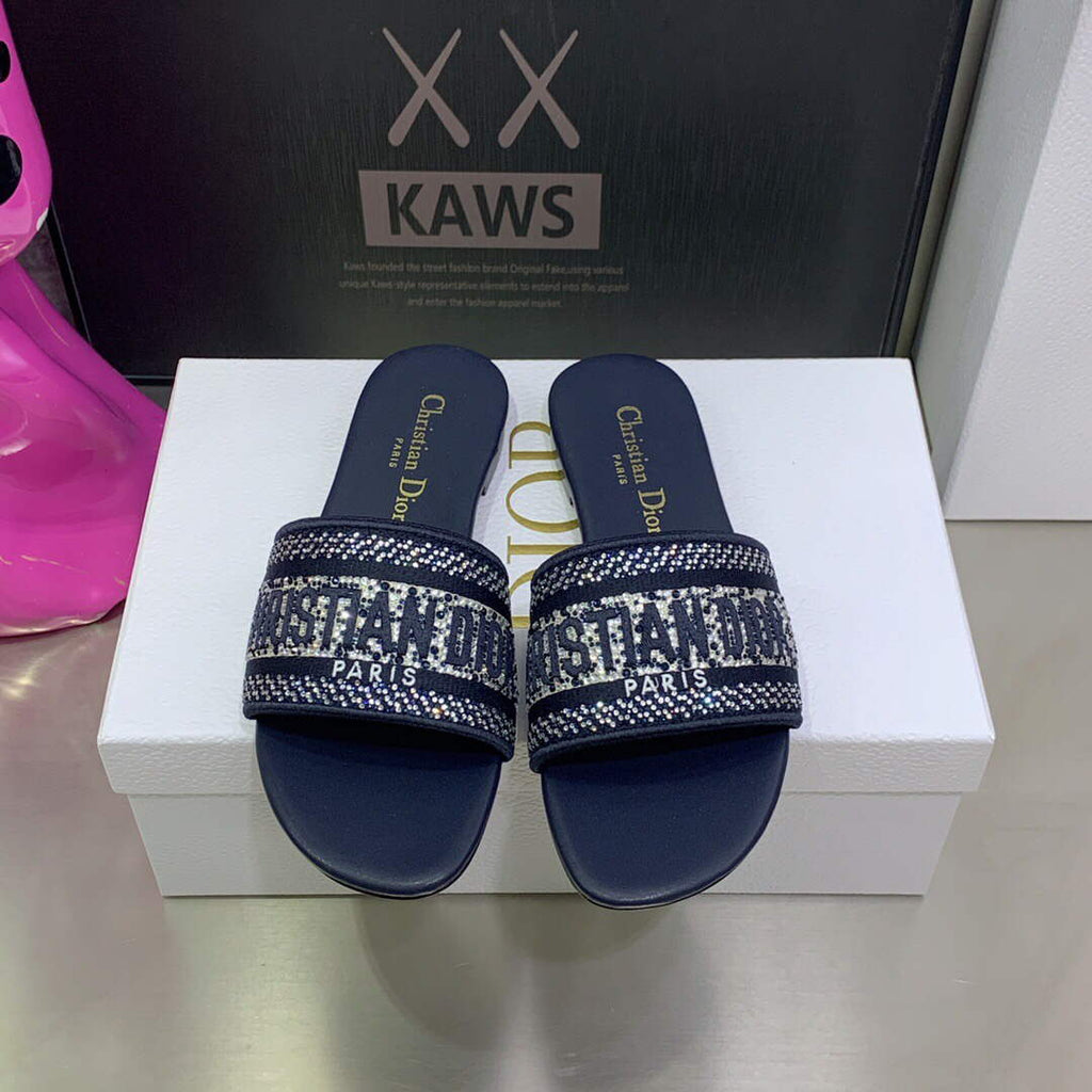 Dior Women's Shoes Dway Slide Diamond Embroidered KCQ166ERC Navy blue