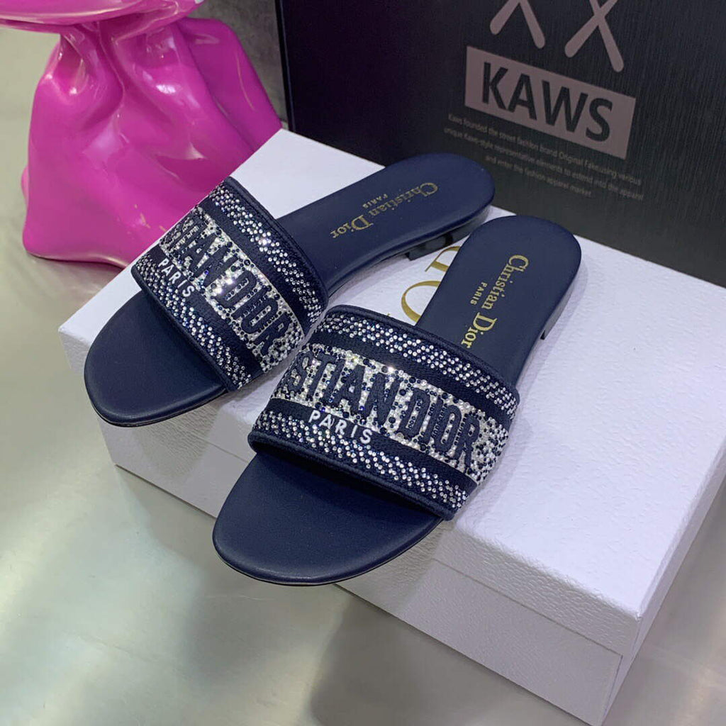 Dior Women's Shoes Dway Slide Diamond Embroidered KCQ166ERC Navy blue