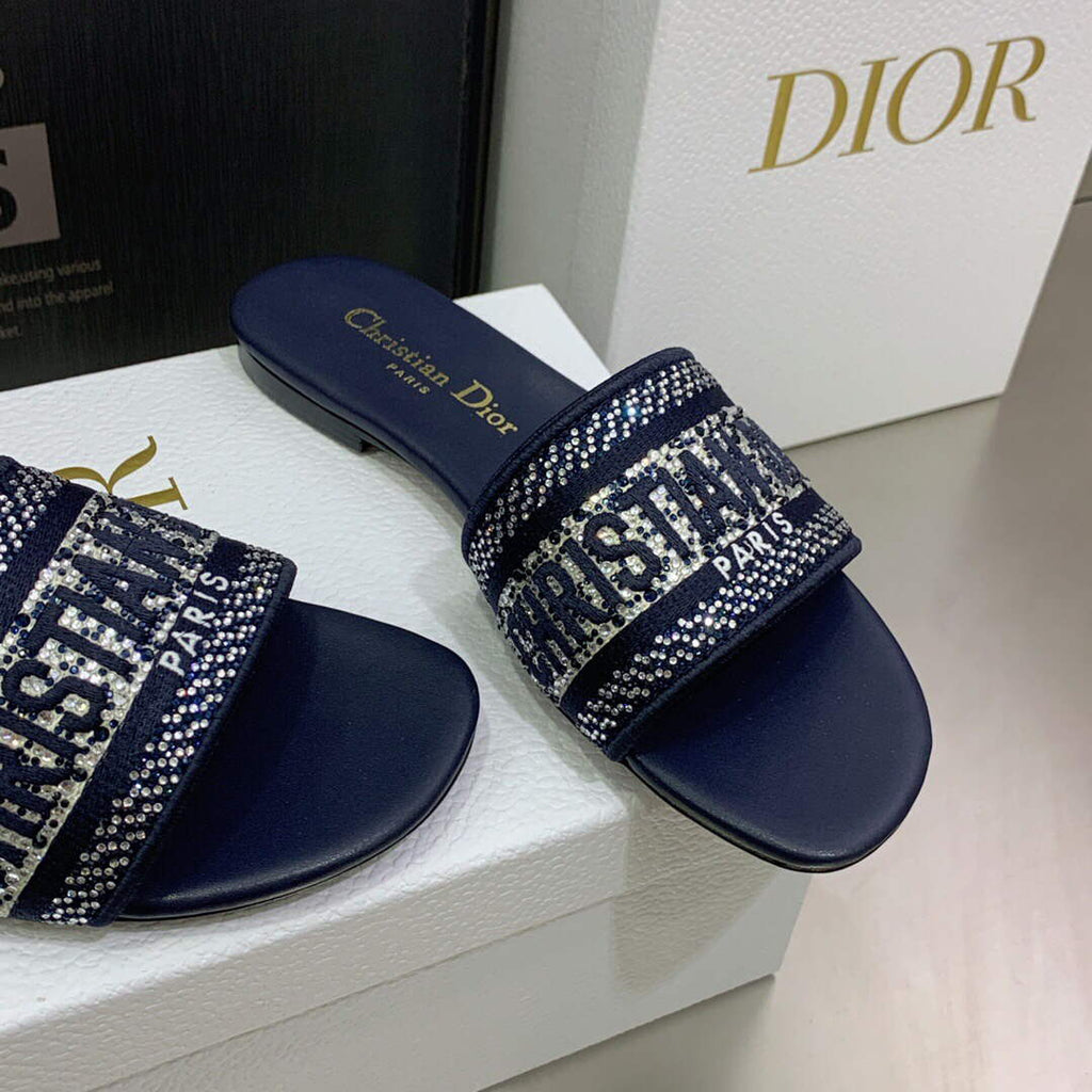 Dior Women's Shoes Dway Slide Diamond Embroidered KCQ166ERC Navy blue