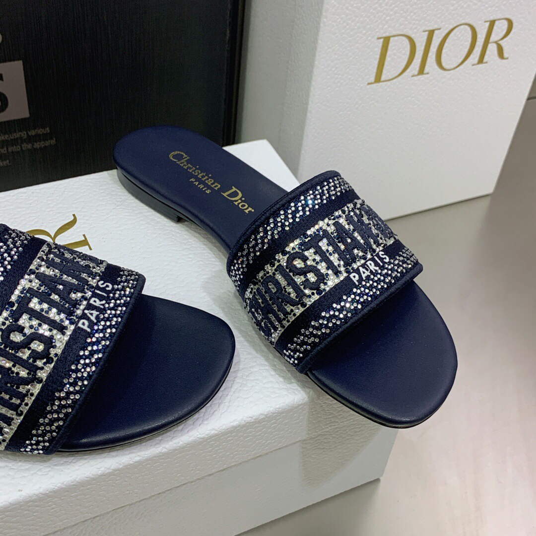 Dior Women's Shoes Dway Slide Diamond Embroidered KCQ166ERC Navy blue