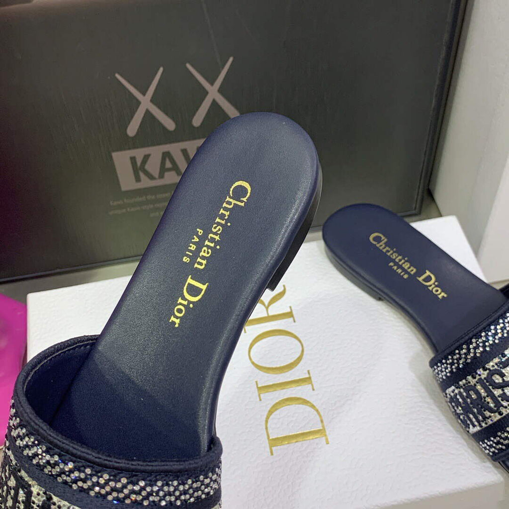 Dior Women's Shoes Dway Slide Diamond Embroidered KCQ166ERC Navy blue